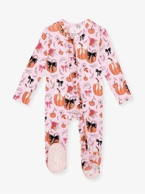 Posh Peanut Ruffled Zipper Footsie, Baby Girl, Fall, Pumpkins & Bows, 0-3 month